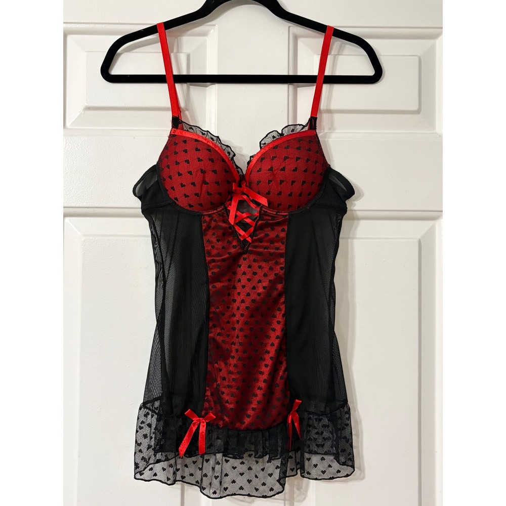 Per Lei | Heart Print Mesh Babydoll Lingerie Chemise | M || Red Black |